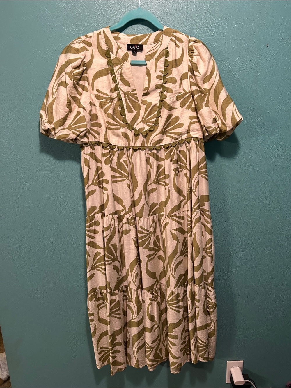 GGO Cream Midi Dress with Olive Leaf Print